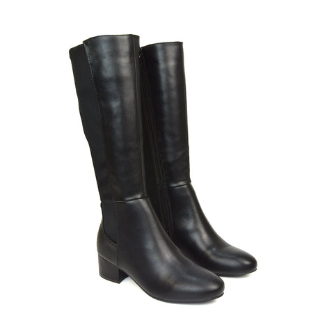 Hannah Low Block Heel Elasticated Calf Long Boots in Black Synthetic Leather