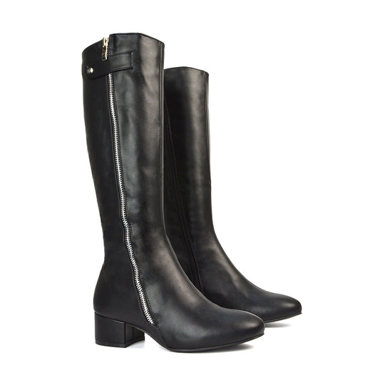 Darcy Low Block Heel Zip Up Knee High Long Boots in Black Synthetic Leather