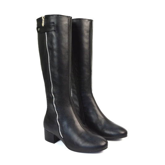 Darcy Low Block Heel Zip Up Knee High Long Boots in Black Synthetic Leather