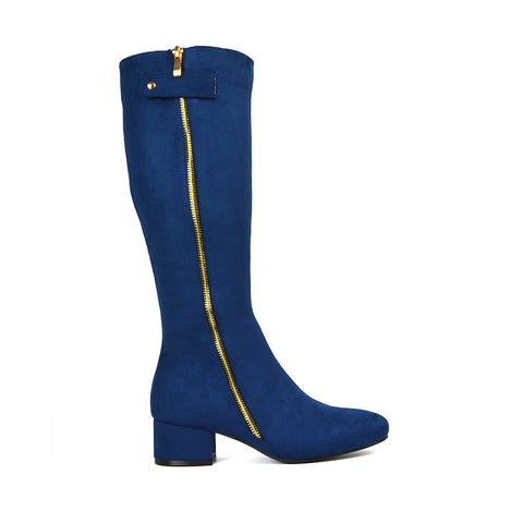 Darcy Low Block Heel Zip Up Knee High Long Boots in Navy Faux Suede