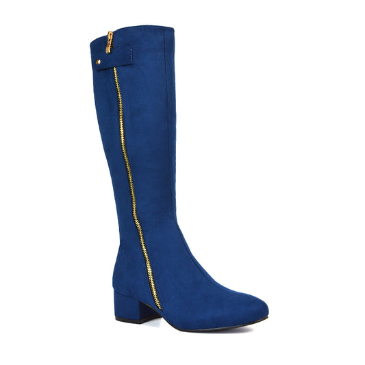 Darcy Low Block Heel Zip Up Knee High Long Boots in Navy Faux Suede