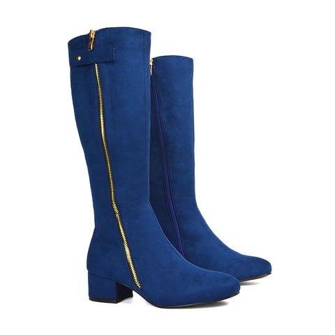 Darcy Low Block Heel Zip Up Knee High Long Boots in Navy Faux Suede