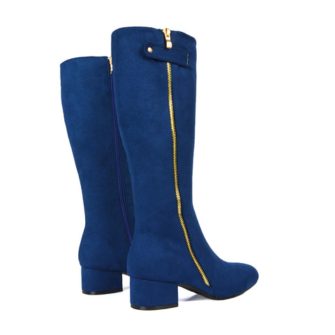 Darcy Low Block Heel Zip Up Knee High Long Boots in Navy Faux Suede