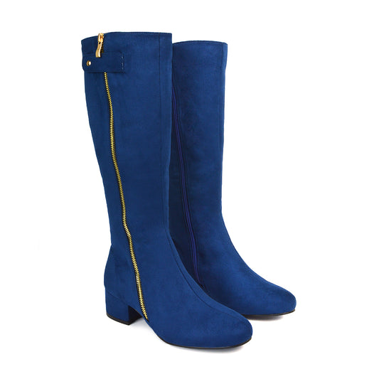 Darcy Low Block Heel Zip Up Knee High Long Boots in Navy Faux Suede