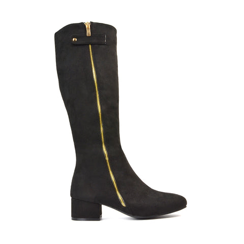 Darcy Low Block Heel Zip Up Knee High Long Boots in Black Faux Suede