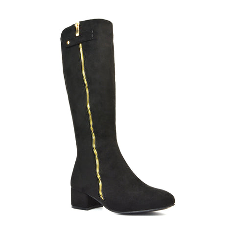 Darcy Low Block Heel Zip Up Knee High Long Boots in Black Faux Suede