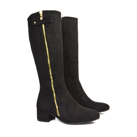 Darcy Low Block Heel Zip Up Knee High Long Boots in Black Faux Suede