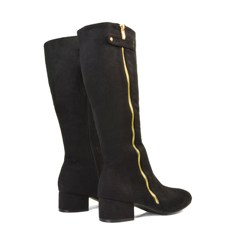 Darcy Low Block Heel Zip Up Knee High Long Boots in Black Faux Suede