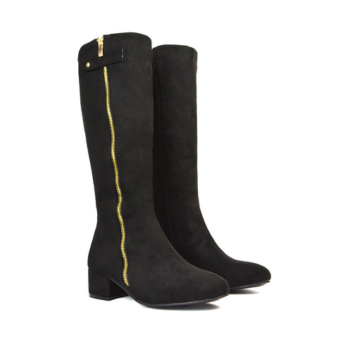 Darcy Low Block Heel Zip Up Knee High Long Boots in Black Faux Suede