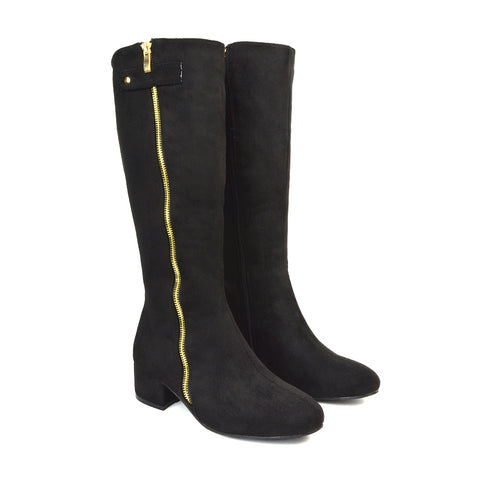 Darcy Low Block Heel Zip Up Knee High Long Boots in Black Faux Suede