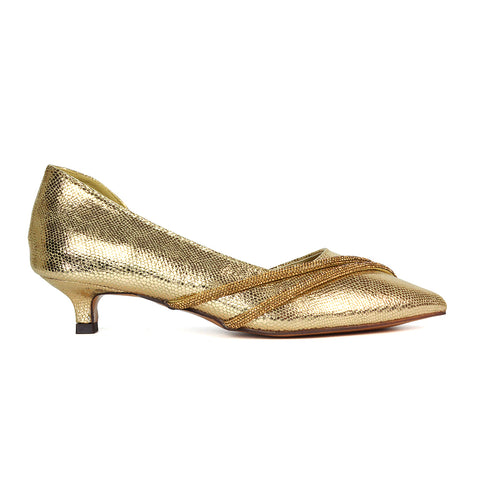 Lucie Low Kitten Heel Diamante Rhinestone Pointed Toe Court Heels in Silver