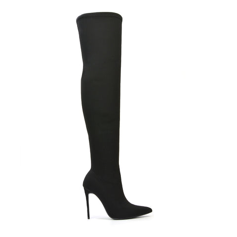 Piper Over The Knee Thigh High Stiletto Pointed Toe Heeled Boots in Black Lycra