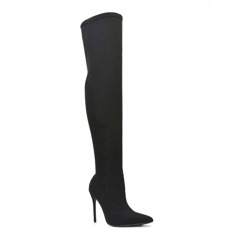 Piper Over The Knee Thigh High Stiletto Pointed Toe Heeled Boots in Black Lycra