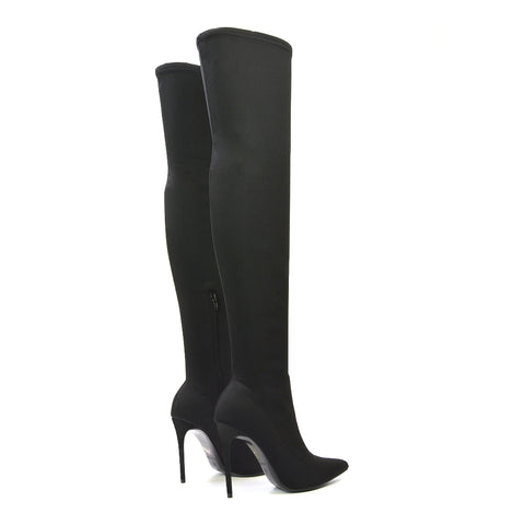 Piper Over The Knee Thigh High Stiletto Pointed Toe Heeled Boots in Black Lycra