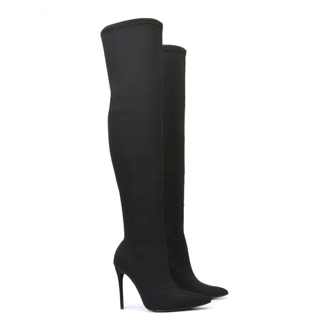 Piper Over The Knee Thigh High Stiletto Pointed Toe Heeled Boots in Black Lycra