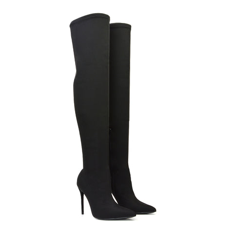 Piper Over The Knee Thigh High Stiletto Pointed Toe Heeled Boots in Black Lycra