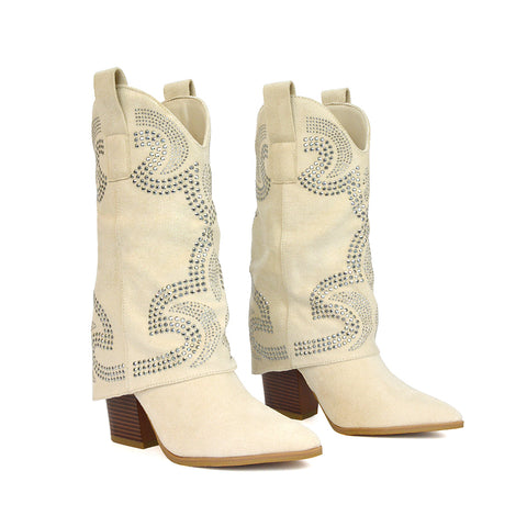 RANCH15 Beige Micro Cowboy Boots