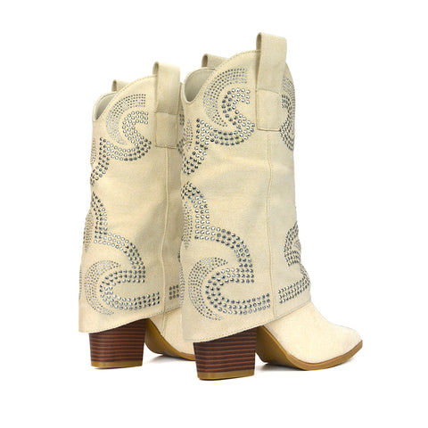 RANCH15 Beige Micro Western Boots