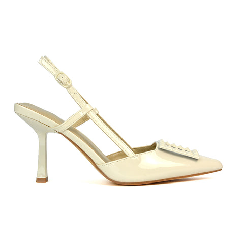 Lara Pointed Toe Square Buckle Slingback Stiletto High Heels Court Shoes in Beige Patent