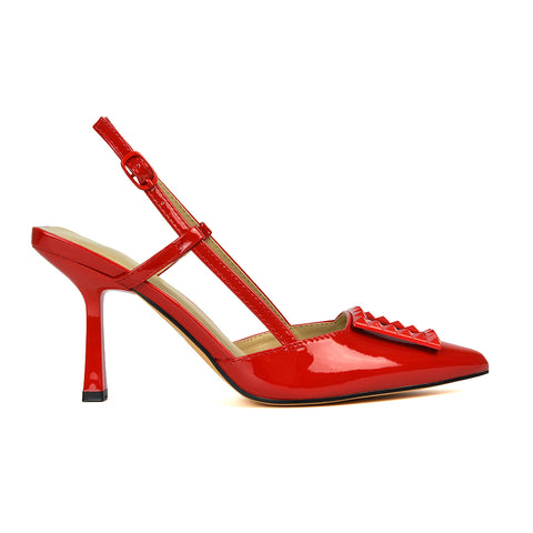 Lara Pointed Toe Square Buckle Slingback Stiletto High Heels Court Shoes in Red Patent