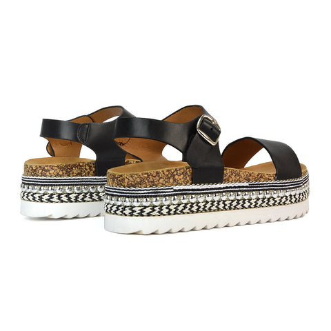 Bonnie Strappy Flat Sandals Chunky Flatform Wedges in Black