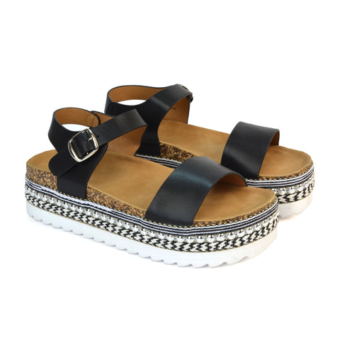 Bonnie Strappy Flat Sandals Chunky Flatform Wedges in Black