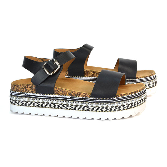 Bonnie Strappy Flat Sandals Chunky Flatform Wedges in Black 1000