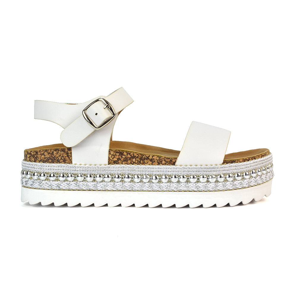 Bonnie Strappy Flat Sandals Chunky Flatform Wedges in White