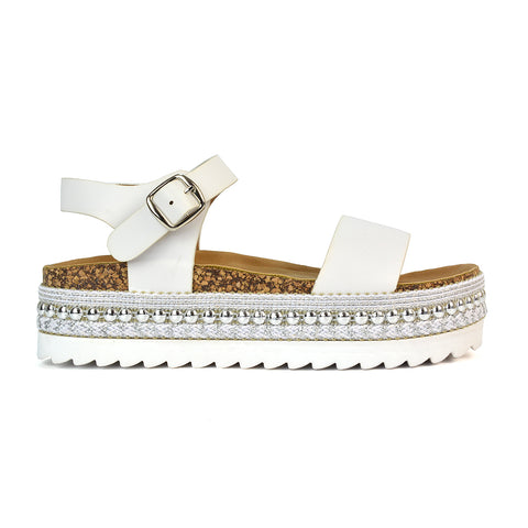 Bonnie Strappy Flat Sandals Chunky Flatform Wedges in White