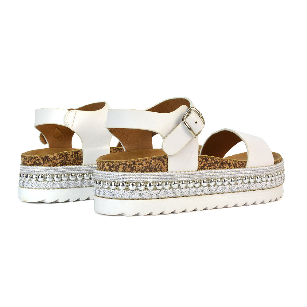 Bonnie Strappy Flat Sandals Chunky Flatform Wedges in White