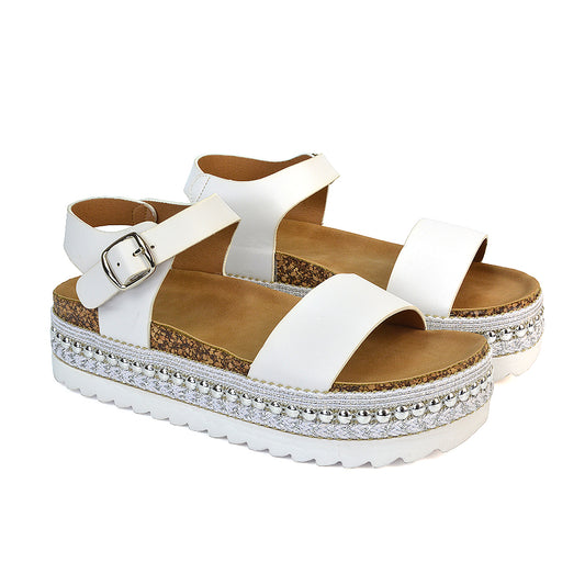 Bonnie Strappy Flat Sandals Chunky Flatform Wedges in White 1000