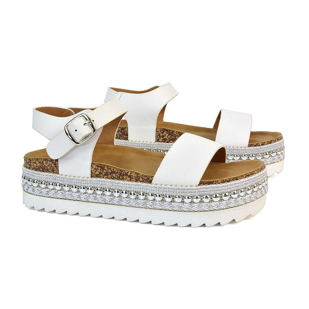 Bonnie Strappy Flat Sandals Chunky Flatform Wedges in White