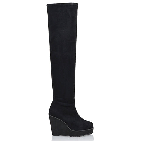 DALIA BLACK FAUX SUEDE ELASTICATED OVER THE KNEE THIGH HIGH WEDGE HEELED BOOTS