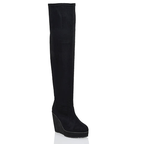 DALIA BLACK FAUX SUEDE ELASTICATED OVER THE KNEE THIGH HIGH WEDGE HEELED BOOTS