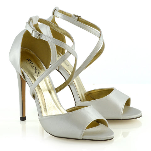 Gwen Cross Over Strappy Peep Toe Stiletto High Heel Bridal Shoes In Ivory Satin