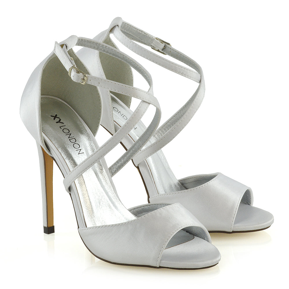 Gwen Cross Over Strappy Peep Toe Stiletto High Heel Bridal Shoes In White Satin
