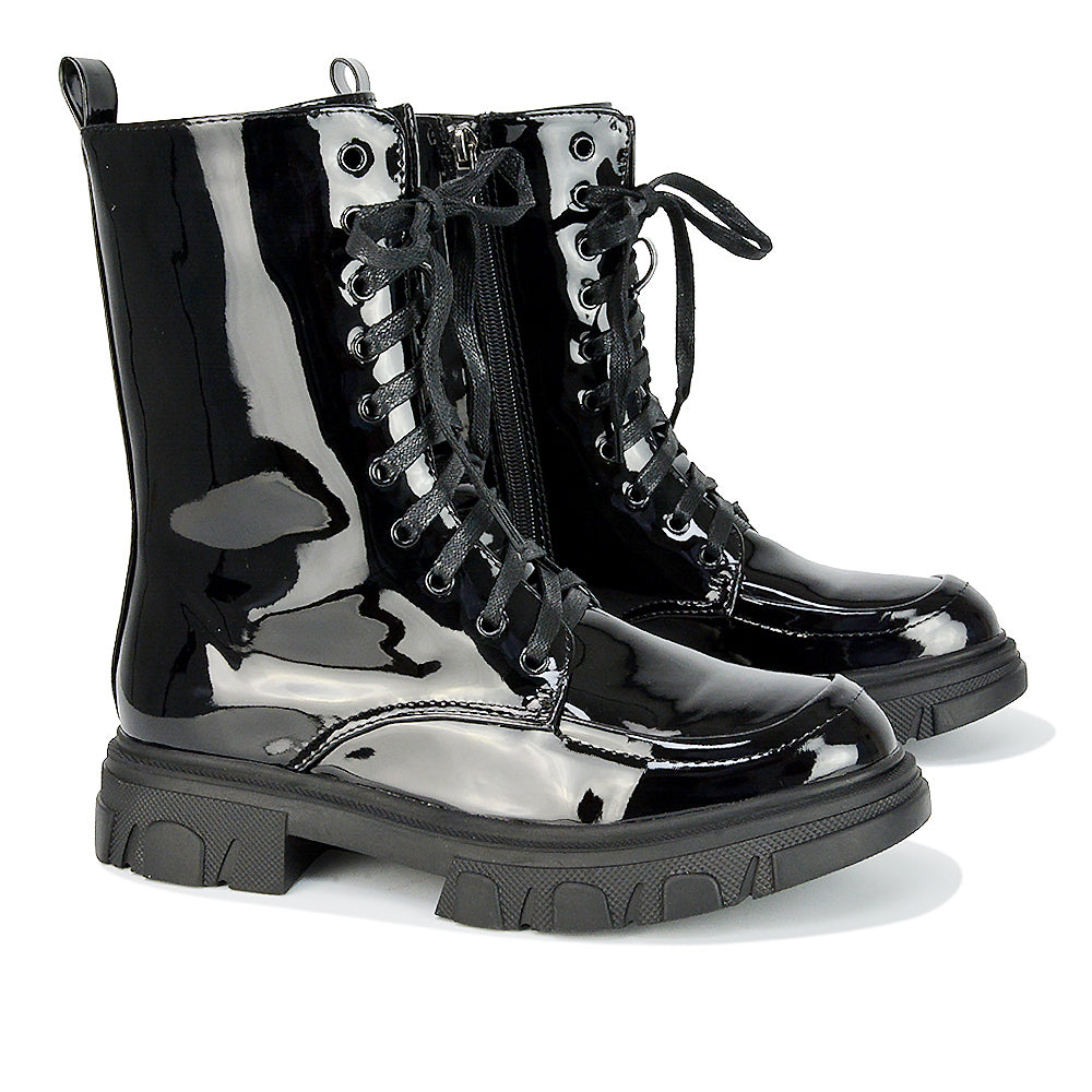 Myra Lace Up Biker Style Flat Combat Ankle Boots in Black Synthetic Leather