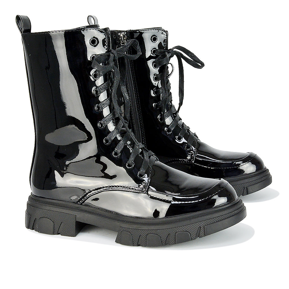 Myra Lace Up Biker Style Flat Combat Ankle Boots in Black Patent