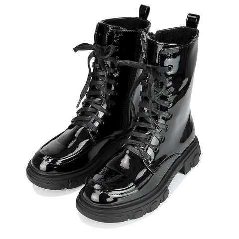 Myra Lace Up Biker Style Flat Combat Ankle Boots in Black Synthetic Leather