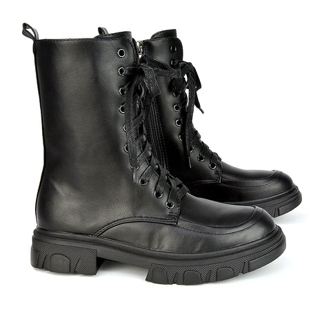 Myra Lace Up Biker Style Flat Combat Ankle Boots in Black Synthetic Leather