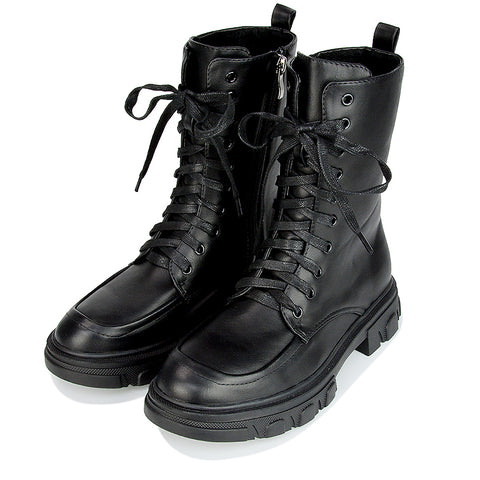 Myra Lace Up Biker Style Flat Combat Ankle Boots in Black Synthetic Leather