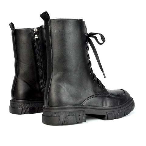 Myra Lace Up Biker Style Flat Combat Ankle Boots in Black Synthetic Leather