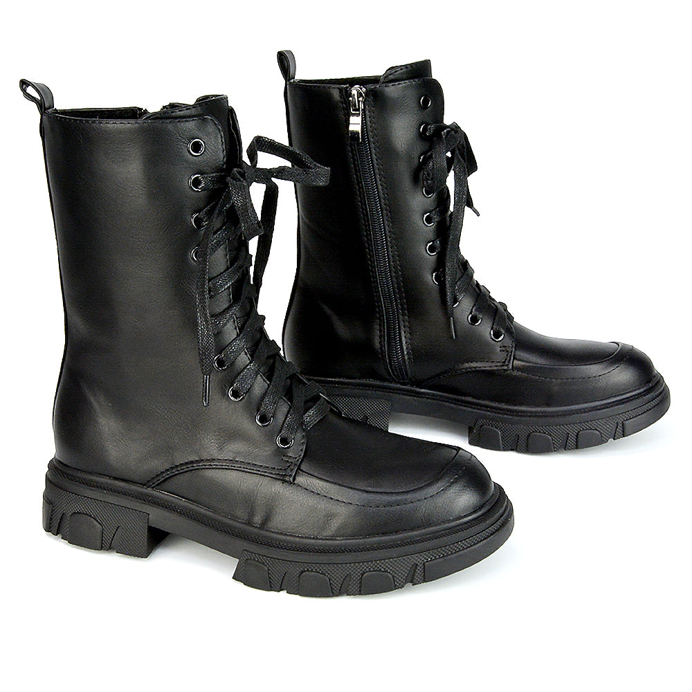 Myra Lace Up Biker Style Flat Combat Ankle Boots in Black Synthetic Leather