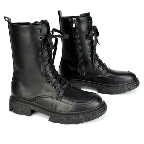Myra Lace Up Biker Style Flat Combat Ankle Boots in Black Patent