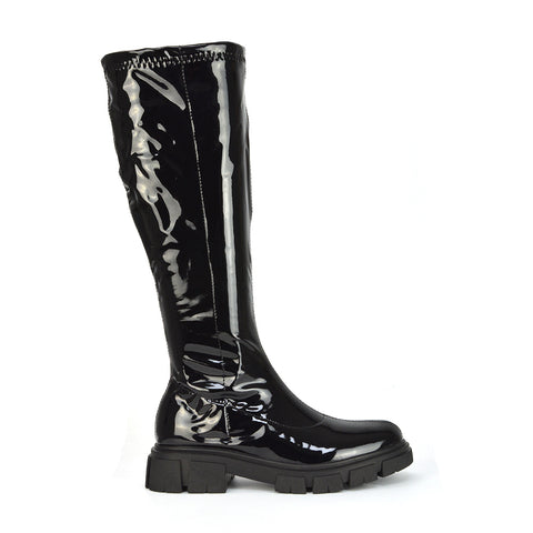 Wilma Chunky Cleated Sole Long Inside Zip-Up Flat Knee High Biker Boots In Black Patent