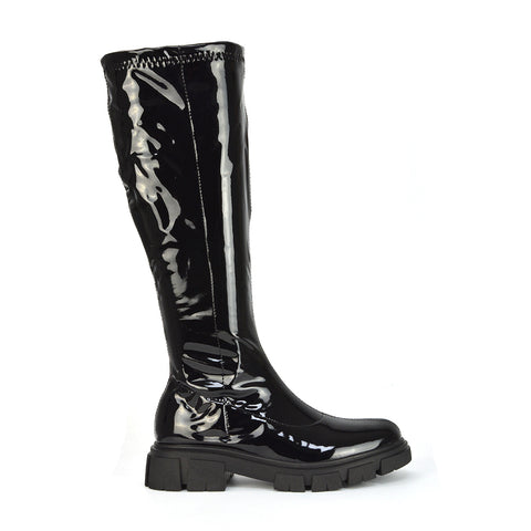 Wilma Chunky Cleated Sole Long Inside Zip-Up Flat Knee High Biker Boots In White Patent