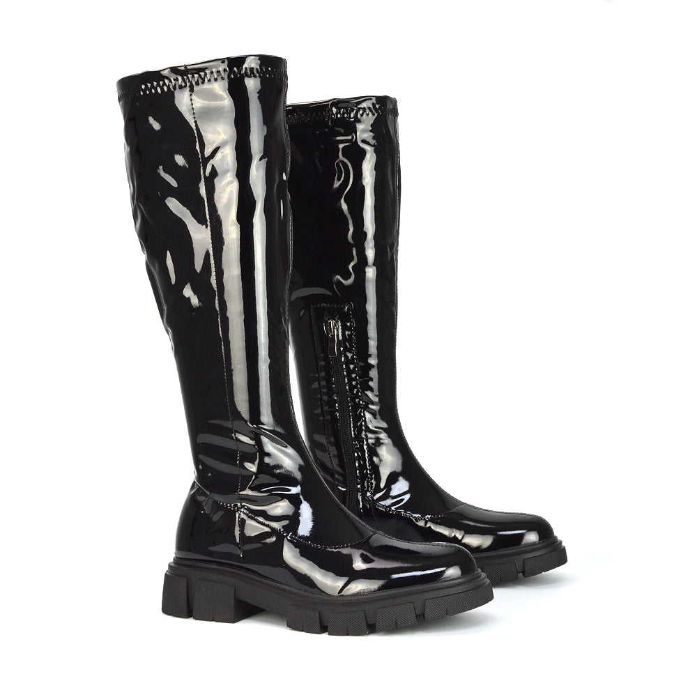 Wilma Chunky Cleated Sole Long Inside Zip-Up Flat Knee High Biker Boots In White Patent