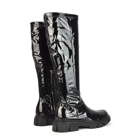 Wilma Chunky Cleated Sole Long Inside Zip-Up Flat Knee High Biker Boots In Black Patent