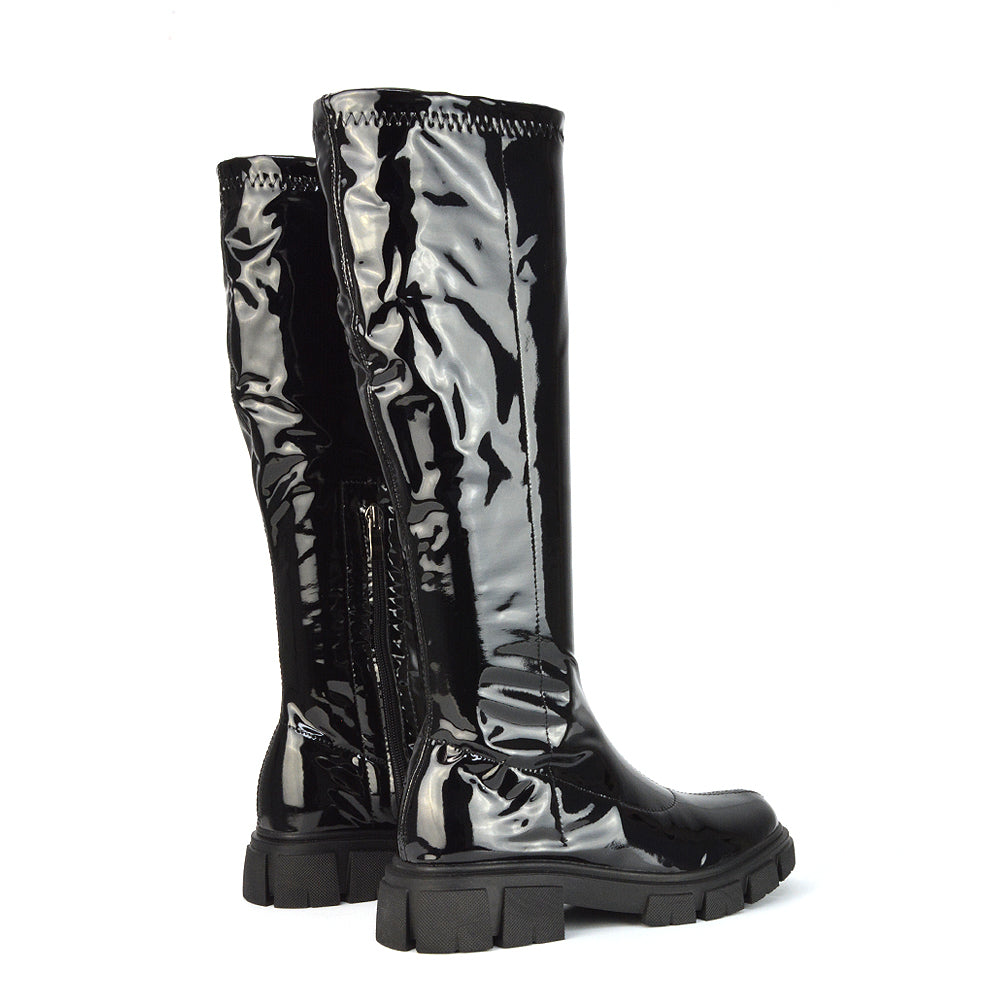 Wilma Chunky Cleated Sole Long Inside Zip-Up Flat Knee High Biker Boots In Brown Patent