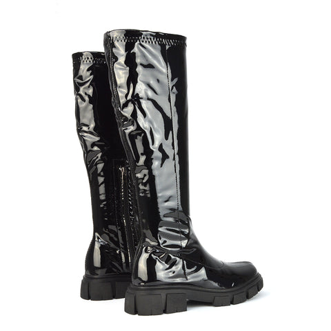 Wilma Chunky Cleated Sole Long Inside Zip-Up Flat Knee High Biker Boots In White Patent